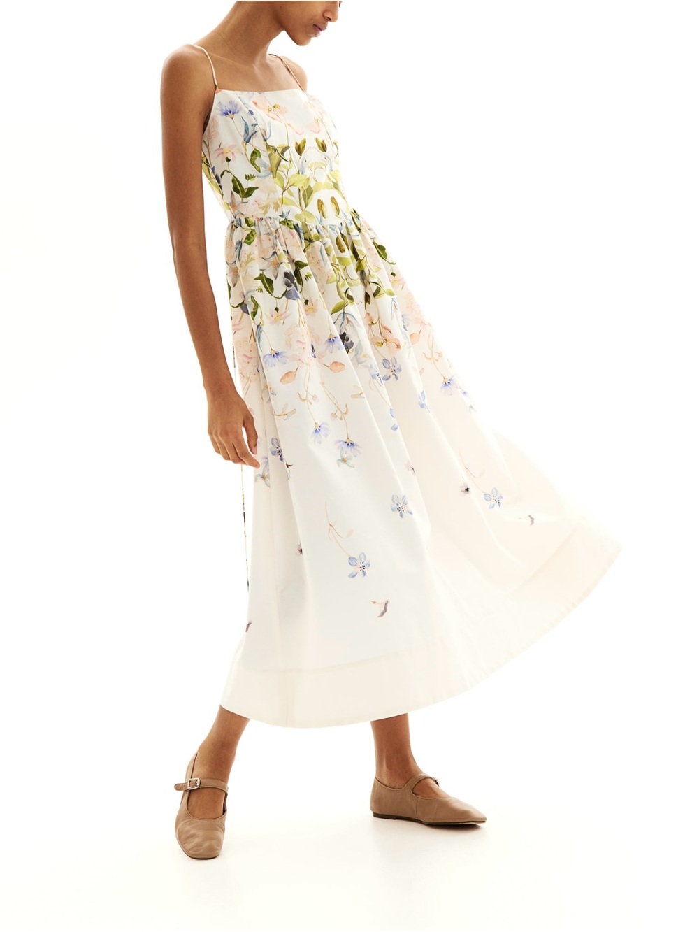 H&M Cotton Watercolor Floral Midi Dress Cream Romantic Strappy M